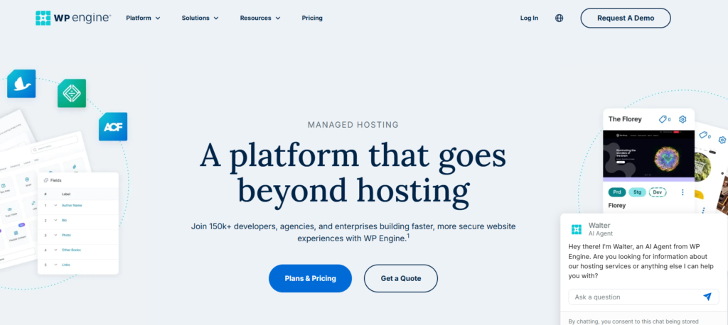 Screenshot of WP Engine managed WordPress hosting homepage showing enterprise-grade hosting features, performance tools, and plans for WordPress websites.