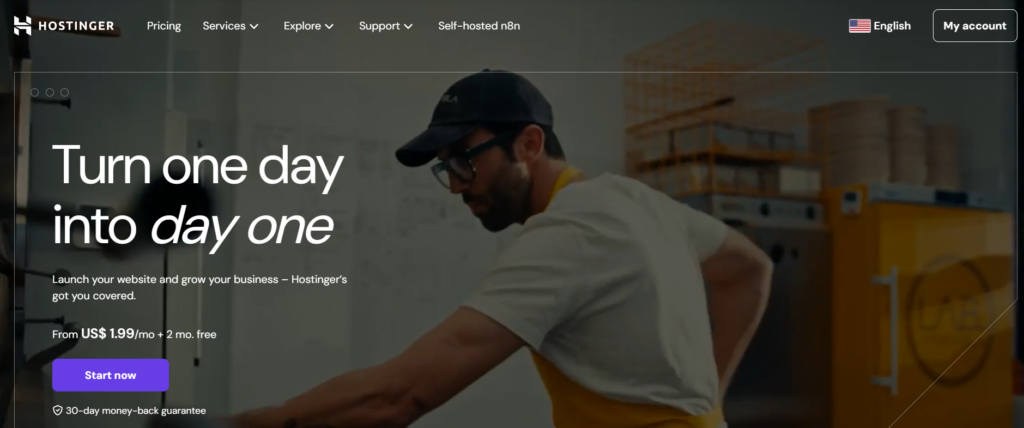 Screenshot of Hostinger web hosting homepage showing WordPress hosting plans, pricing, and features for beginners.